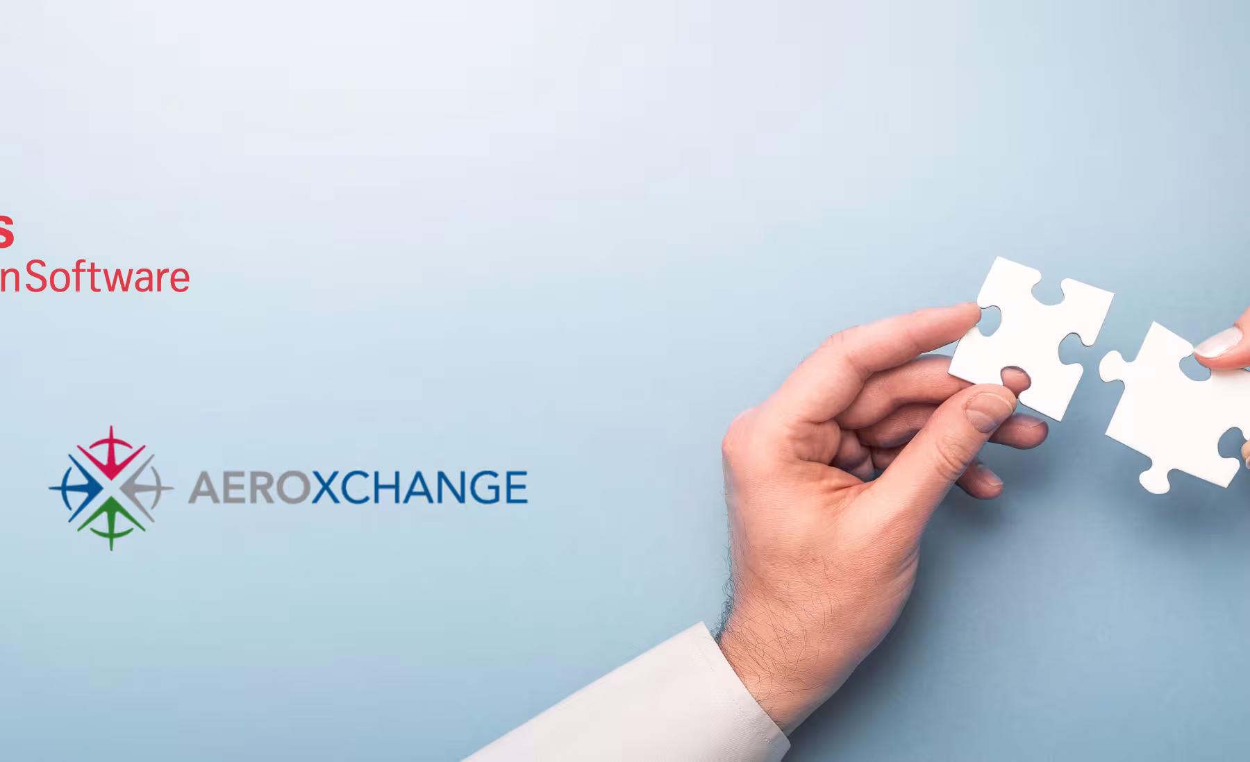 Two hands holding puzzle pieces are positioned to connect on a light blue background. The logos of Swiss Aviation Software and Aeroxchange are displayed, symbolizing a partnership. Swiss Aviation Software's logo is in red, while Aeroxchange's logo features multicolored arrows forming a compass.