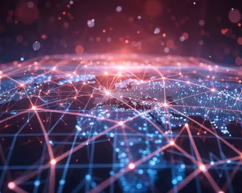 A digital rendering of a glowing, interconnected network spanning across the Earth's surface. The image highlights various global connection points with blue and red lights and lines, symbolizing a vast data or communication network. The focus appears to be on Africa, Europe, and the surrounding regions.