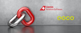 A silver and red interlocked chain link is positioned against a gray wall with two logos to the right. The top logo shows a red plane tail with a white cross and the text 'Swiss Aviation Software' in red. Below it is a bright yellow 'QOCO' logo, featuring circular and rounded letters.