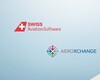 Two hands holding puzzle pieces are positioned to connect on a light blue background. The logos of Swiss Aviation Software and Aeroxchange are displayed, symbolizing a partnership. Swiss Aviation Software's logo is in red, while Aeroxchange's logo features multicolored arrows forming a compass.